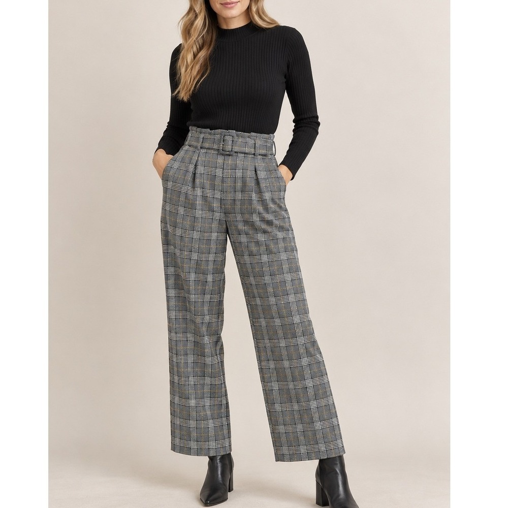 Topshop Women Gray Black Plaid Belted Paperbag High Waist Wide Leg Pants 8